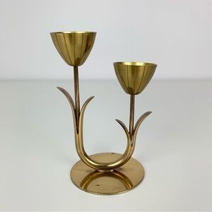 Ystad Metall Brass Candle Holder Flower Tulip 2 Arms Sweden MCM Vtg Scandinavian